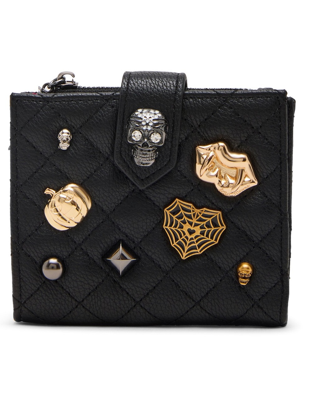 NEW BETSEY JOHNSON Hallow-Queen Studded Quilt Bi-Fold Wallet In Black